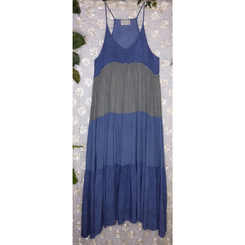 Women's Dress Up Tiered Midi Dress Blue Green Spaghetti Strap Size Small